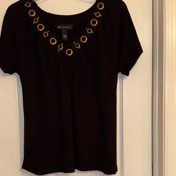 INC brand Black Short Sleeve Top with Gold Eyelet V-Neckline. Size Small - Picture 1 of 12